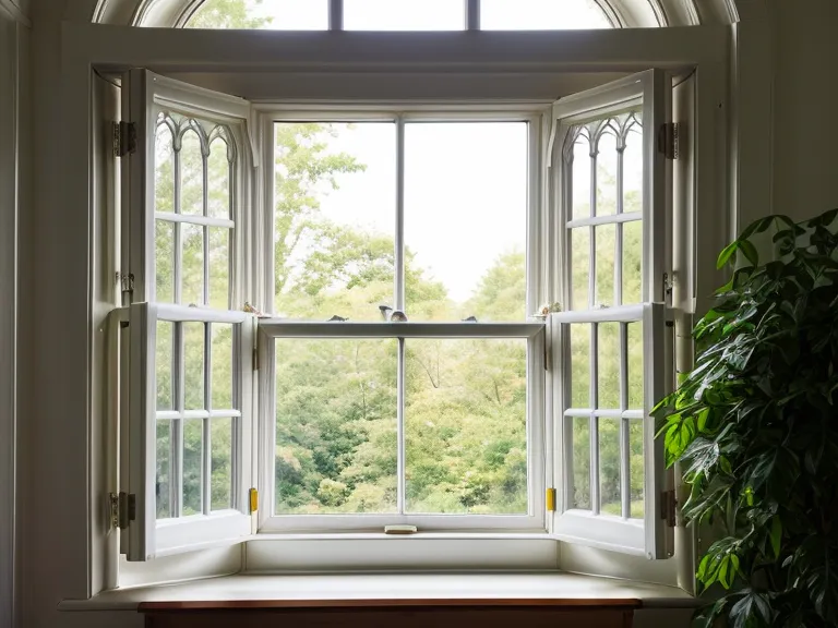 Blick aus einem Fenster in Potsdam auf grüne Baumkronen im Sommer, Sinnbild für Ruhe bei Hochsensibilität und Ahnenarbeit