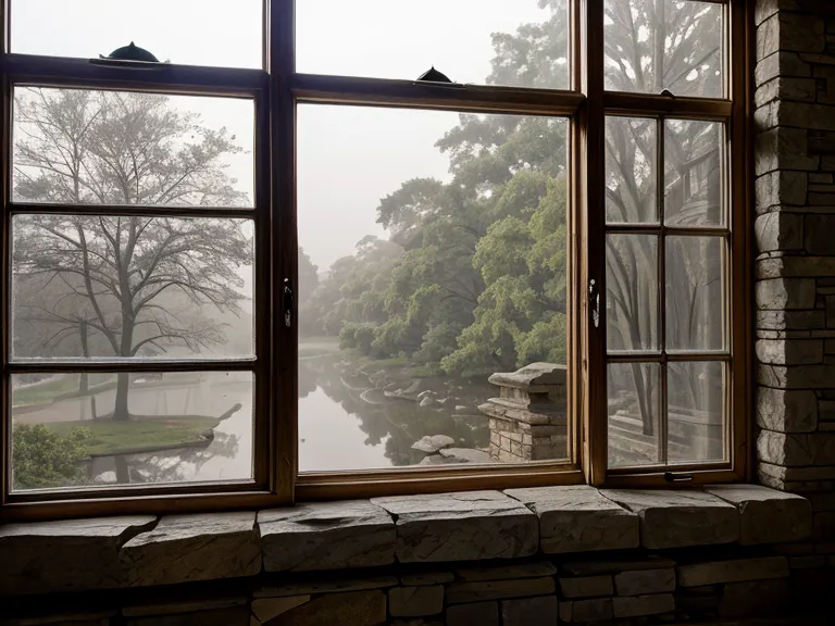 Blick aus dem Fenster auf herbstliche Baumkronen in der Dämmerung, Bücher auf der Fensterbank