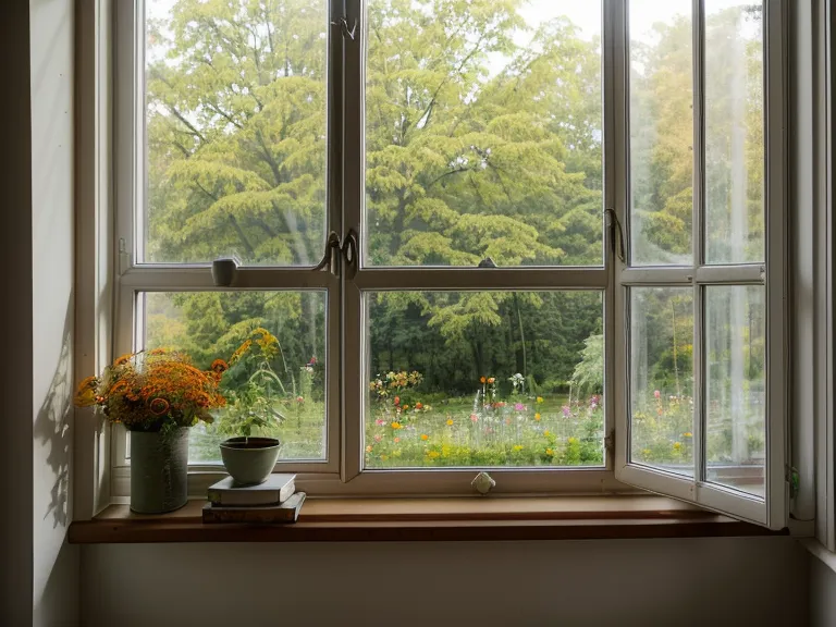 Blick aus dem Fenster auf Baumkronen im Park, mit Büchern auf der Fensterbank – ruhiger Moment für Selbsterfahrung und Ahnenarbeit