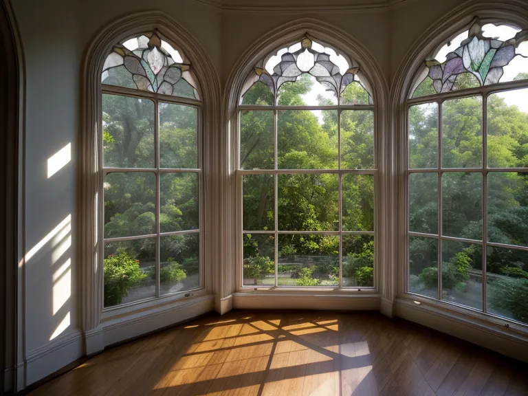 Blick durch ein Fenster auf herbstliche Parkbäume in der Abenddämmerung als Sinnbild für Trauerbewältigung