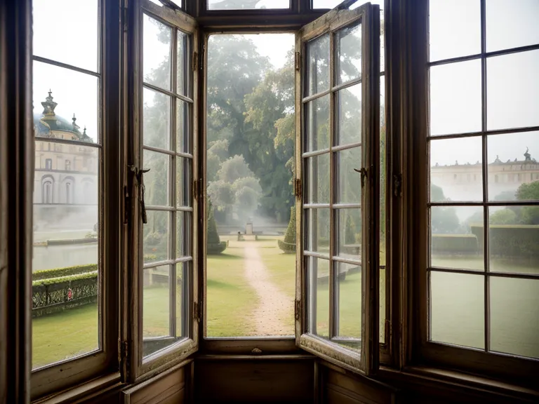 Blick vom Schreibtisch auf den winterlich-nebligen Park Sanssouci in Potsdam während einer Sitzung zur Ahnenarbeit