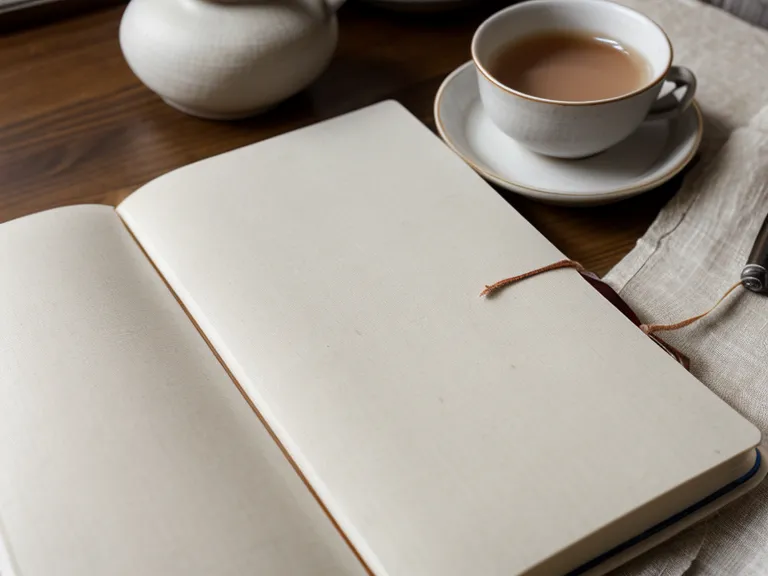 Detailansicht eines Leinen-Tagebuchs mit Randnotizen und einer Tasse Tee, Potsdam-Tagebuch zur Trauerbewältigung mit phoenix999
