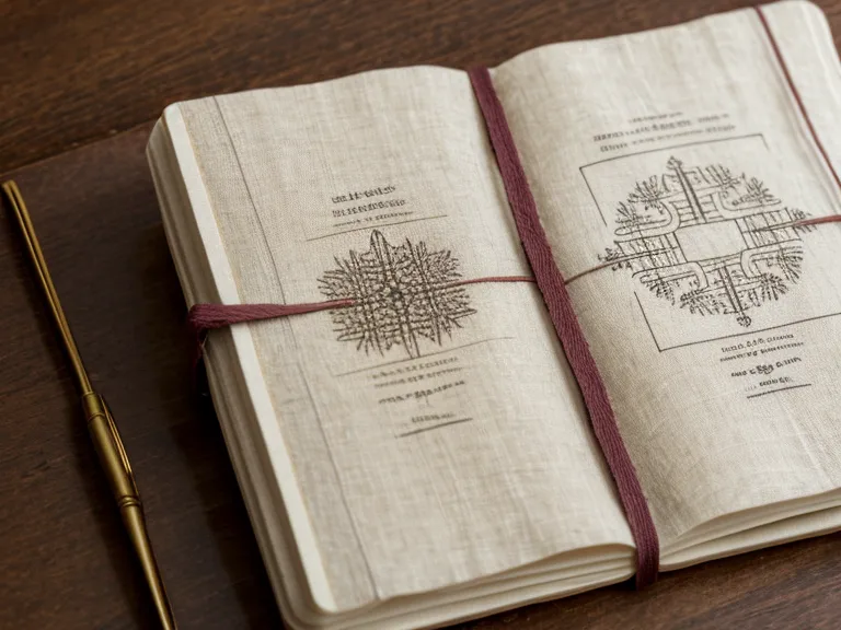 Aufgeschlagenes Leinenheft mit handschriftlichen Notizen aus dem Selbsthilfe-Tagebuch zur Ahnenarbeit unter einer Schreibtischlampe