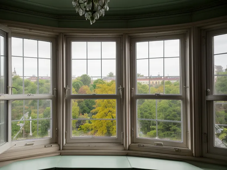 Blick durch ein altes Fenster auf einen winterlichen Park in der Dämmerung, mit einer Vase auf dem Fenstersims